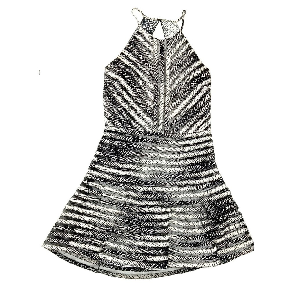 Parker 100% Silk Abstract Animal Print Halter Dress Retro Fit & Flare Black L